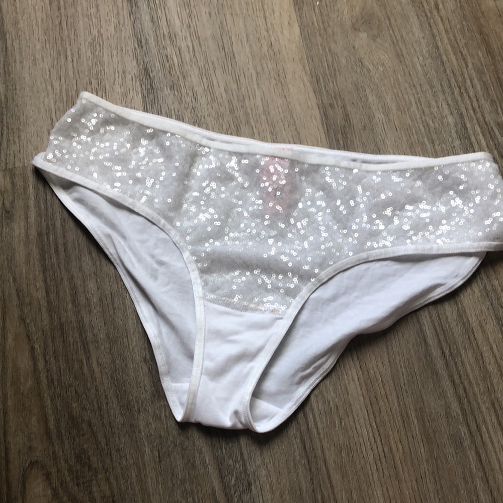 NWT Victoria's Secret White Sequin Panty with Silver Metallic Lettering on Back